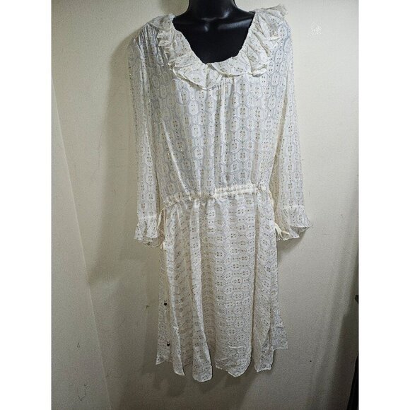 NWT Tory Burch Jasmine Ivory Gold Dress Tie Waist 12 Large - Picture 2 of 5